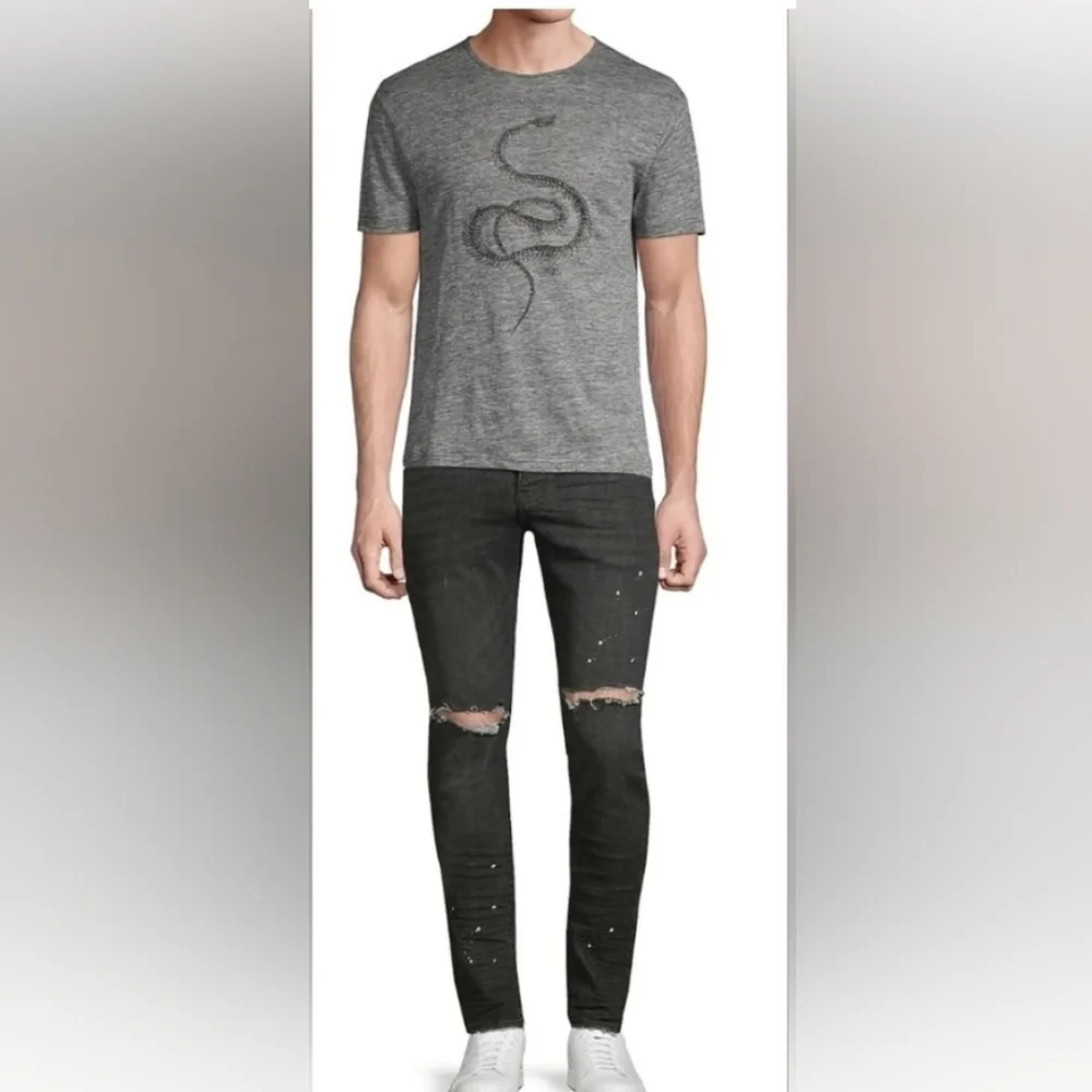 SIZE 36×34 PURPLE BRAND RESIN KNEE SLIT SKINI OVER SPRAY SLIM FIT BLACK JEANS - Picture 2 of 10